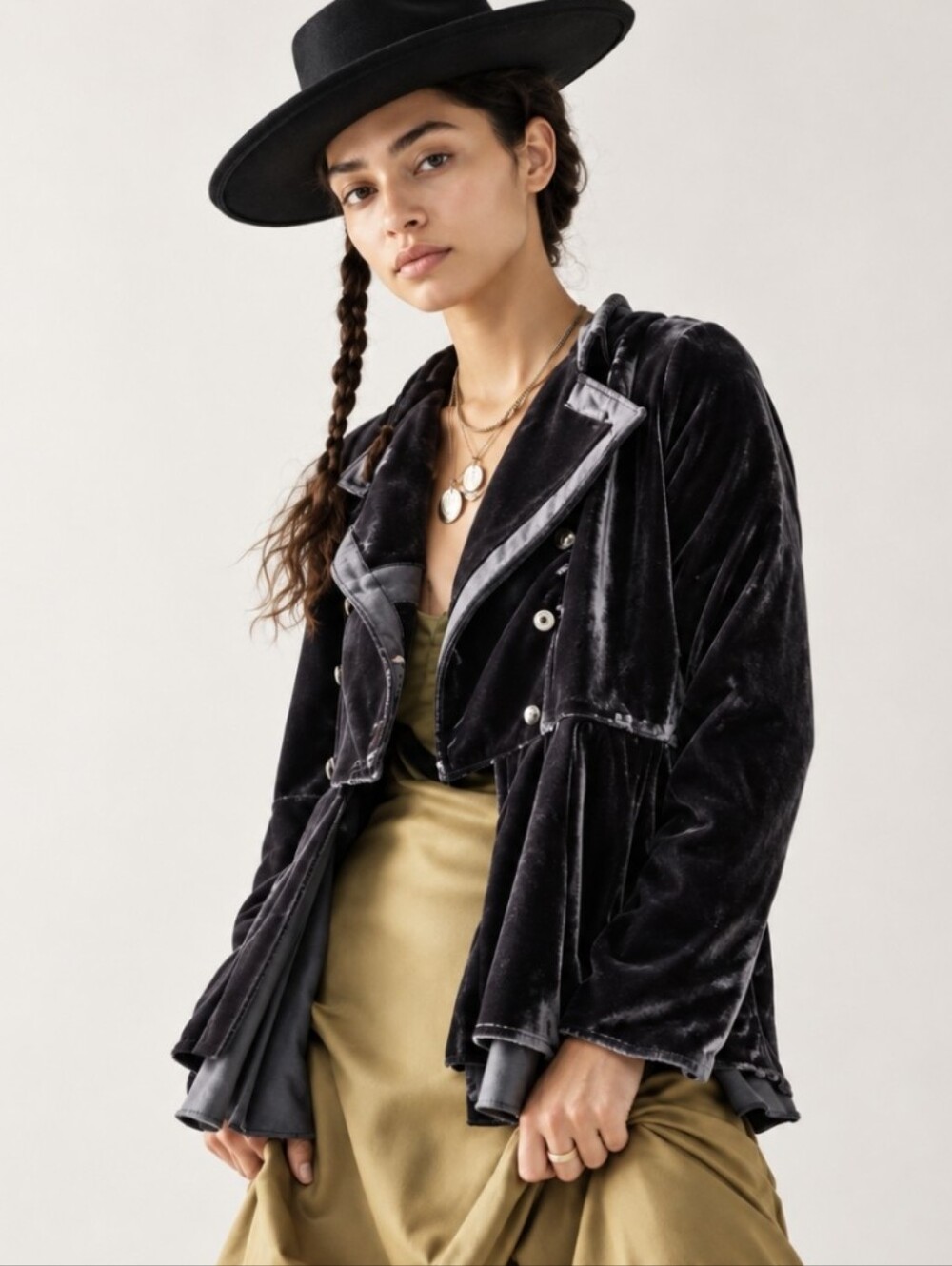 Free People Faye Velvet Military Jacket Ruffle Hem Button Front Black Sz XS $228
